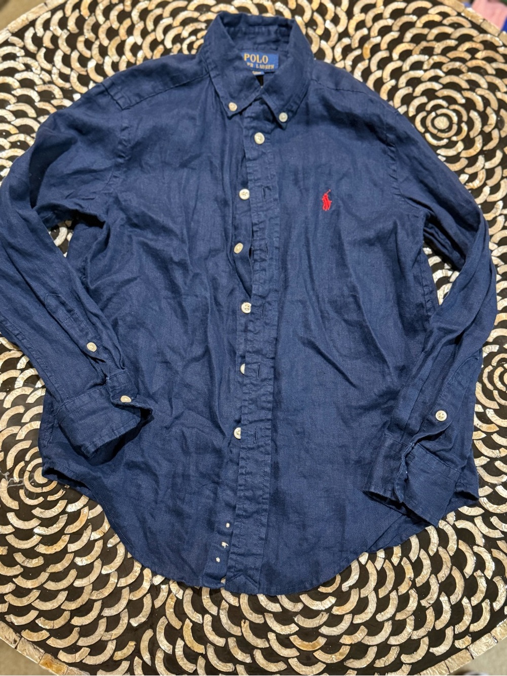 Polo by Ralph Lauren Linen Navy Button-Down Shirt with Red Logo